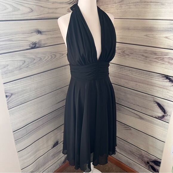 Chicas Vintage Y2K 90s Black Halter V Neck Flowy Dress - Picture 3 of 11